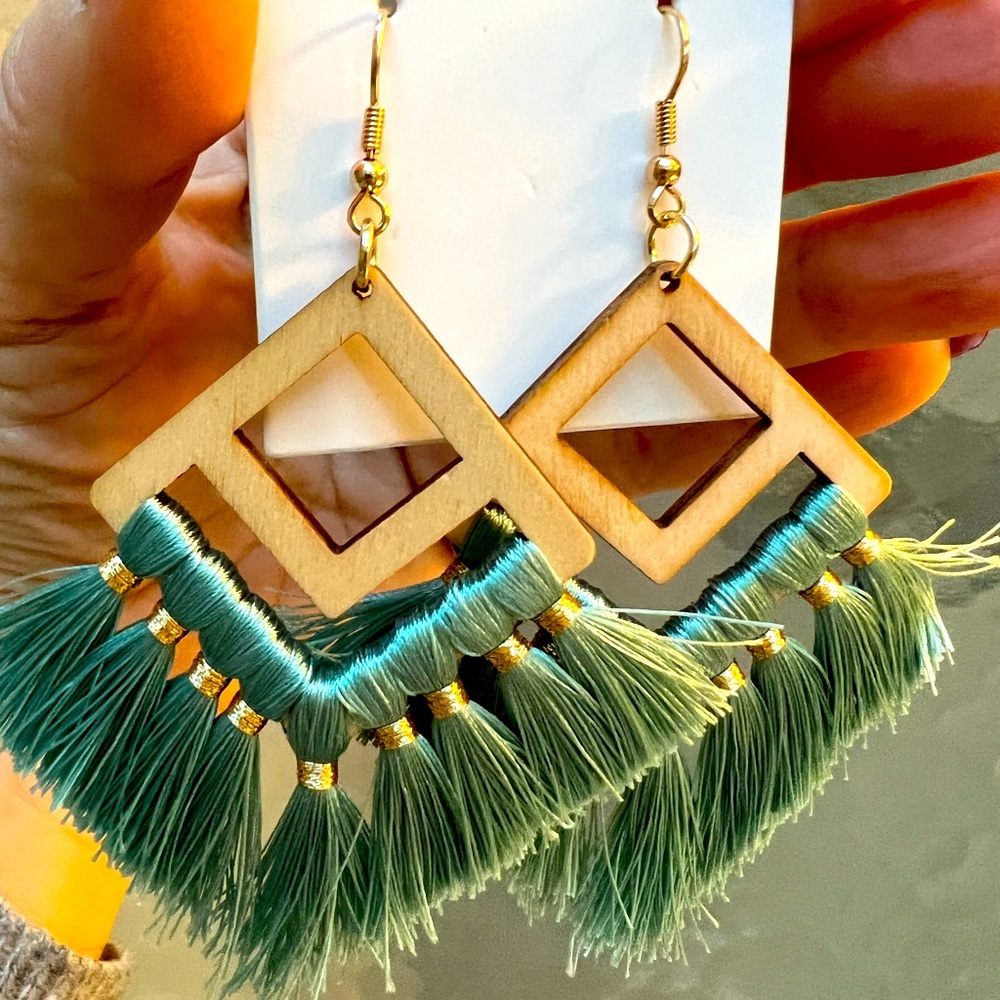 Never Worn Mint Green and Wood Earrings